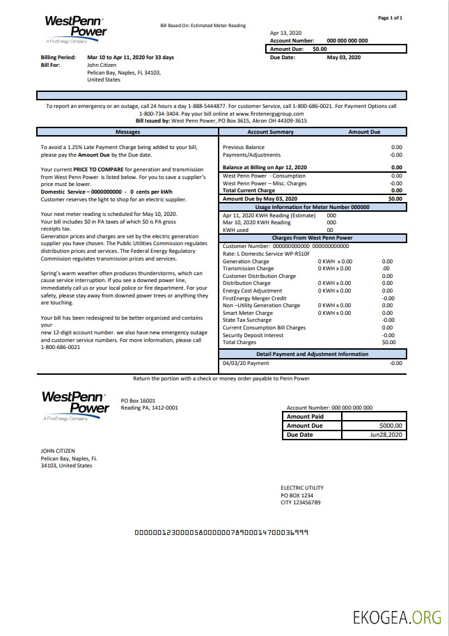 USA Pennsylvania West Penn Power utility bill template in Word and PDF format